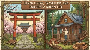 An illustrated image of a Jaoanese temple on the left split screen, on the right a man is waving from his off-grid log cabin in Japan. A sign says "Japan Living, Travelling and Building a dream life"